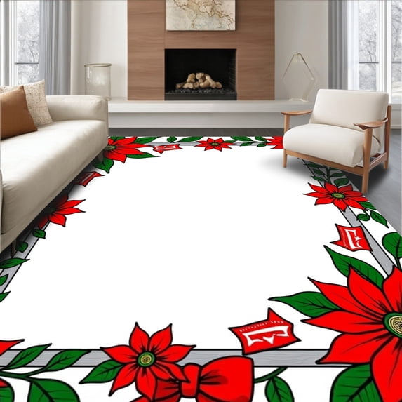 ODIKA 4'x6' Machine Washable Non-Slip Area Rug, Traditional Poinsettia Welcome with Ribbon Bow Details High Traffic Rug, Red, 747239