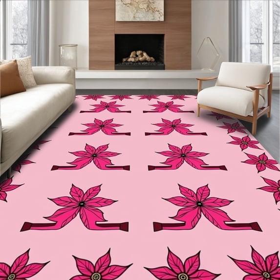 ODIKA 4'x6' Machine Washable Non-Slip Area Rug, Traditional Poinsettia with Classic Yuletide Design High Traffic Rug, Pink, 737880