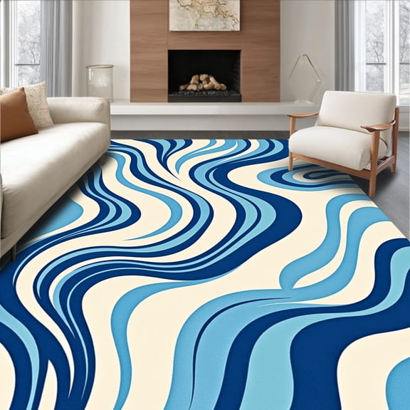 ODIKA 4'x6' Machine Washable Non-Slip Area Rug, Tranquil Stream Undulating Wave Rhythm Decorative High Traffic Rug, Blue, 664241