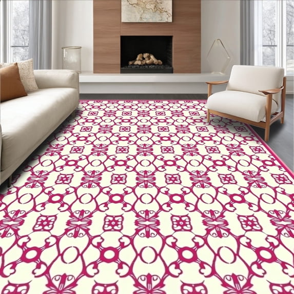 ODIKA 4'x6' Machine Washable Non-Slip Area Rug, Trellis Lattice Medallion With Ornate Filigree Motifs High Traffic Rug, Pink, 710635