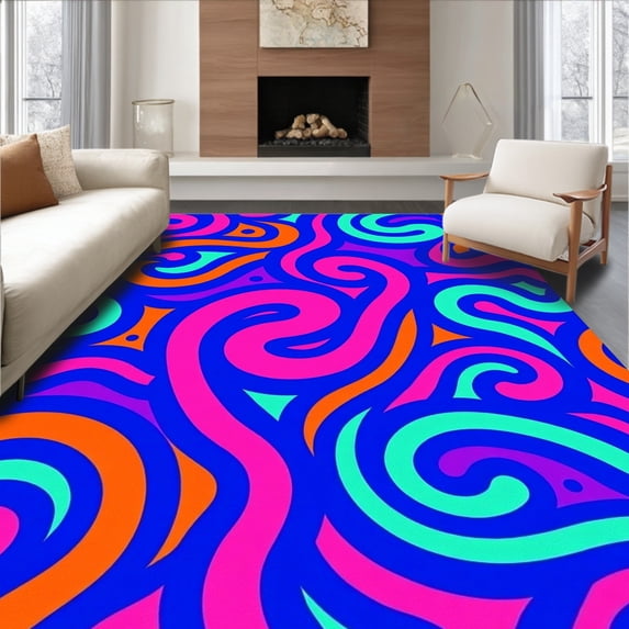 ODIKA 4'x6' Machine Washable Non-Slip Area Rug, Trendy Culture Statement With Exclusive Artwork High Traffic Rug with Pad, Blue, 531791