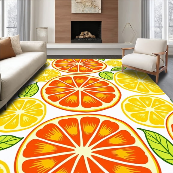 ODIKA 4'x6' Machine Washable Non-Slip Area Rug, Tropical Citrus Slice Motif with Fresh Fruit Cross Section Design High Traffic Rug, Orange, 466263