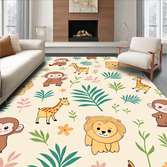 ODIKA 4x6 Machine Washable Non-Slip Area Rug, Tropical Forest Friends Showcasing Adorable Fauna Characters High Traffic Rug, Beige, 684481