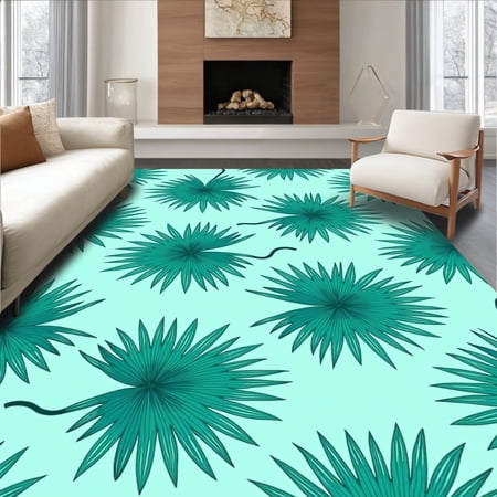 ODIKA 4'x6' Machine Washable Non-Slip Area Rug, Tropical Island Palm Breeze Vista High Traffic Rug, Blue, 712704