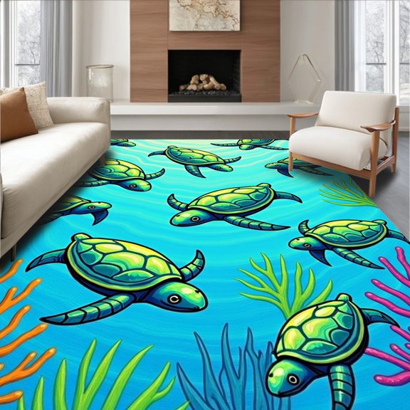 ODIKA 4x6 Machine Washable Non-Slip Area Rug, Tropical Marine Life Underwater Decorative High Traffic Rug, Blue, 680760