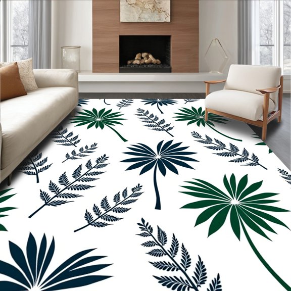 ODIKA 4'x6' Machine Washable Non-Slip Area Rug, Tropical Palm Leaf Medallion Print Dual Sided Floor Covering High Traffic Rug, White, 716091