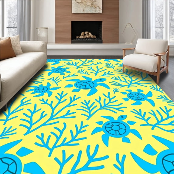 ODIKA 4'x6' Machine Washable Non-Slip Area Rug, Tropical Parade with Coral Reef Flourish High Traffic Rug, Yellow, 341556