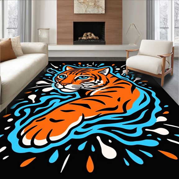 ODIKA 4x6 Machine Washable Non-Slip Area Rug, Tropical Predator Splash Bathroom Enhancement High Traffic Rug, Orange, 680745