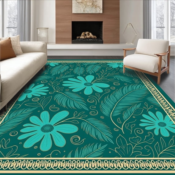 ODIKA 4'x6' Machine Washable Non-Slip Area Rug, Tropical Scallop Edged High Traffic Rug, Beige, 581417