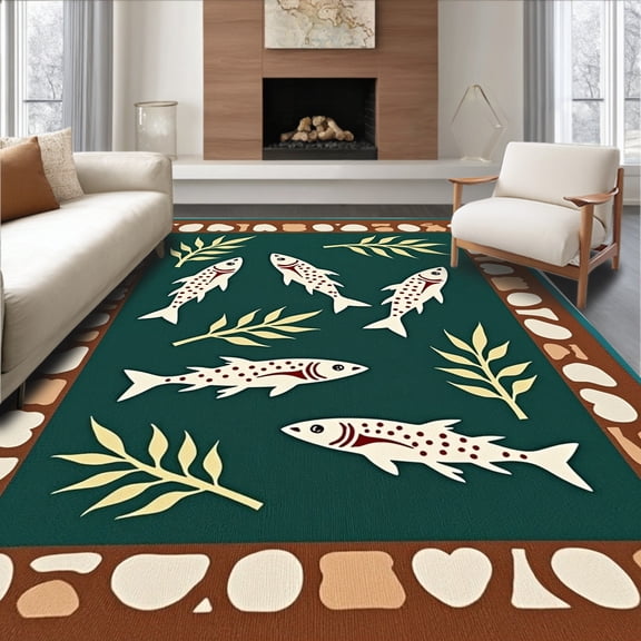 ODIKA 4'x6' Machine Washable Non-Slip Area Rug, Trout Fishing Cabin Style Entry with River Stone Border High Traffic Rug, Brown, 705844
