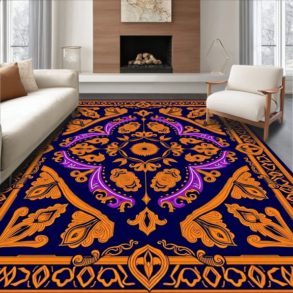 ODIKA 4'x6' Machine Washable Non-Slip Area Rug, Velvet Dream Symmetrical Jewel Harmonious Exotic Wonder High Traffic Rug, Orange, 584613