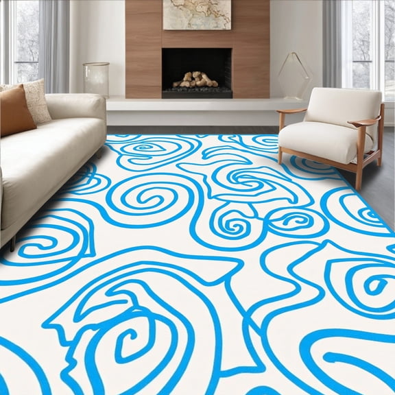 ODIKA 4'x6' Machine Washable Non-Slip Area Rug, Velvety Cloud Swirl Decorative Accent Cushion with Spiral Motifs High Traffic Rug, Blue, 616889