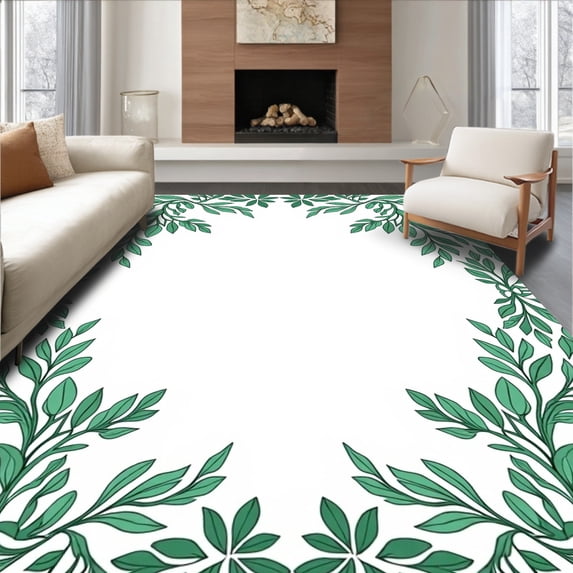 ODIKA 4'x6' Machine Washable Non-Slip Area Rug, Verdant Garden Interwoven Leaf Artistic Display High Traffic Rug with Pad, Green, 561522