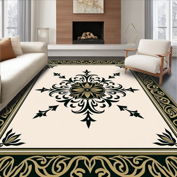 ODIKA 4'x6' Machine Washable Non-Slip Area Rug, Verdant Medallion Exquisite Jewel High Traffic Rug, Ivory, 579452