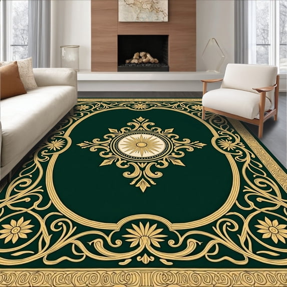 ODIKA 4'x6' Machine Washable Non-Slip Area Rug, Verdant Medallion Interlocking Botanical with Baroque Accents High Traffic Rug, Green, 586828