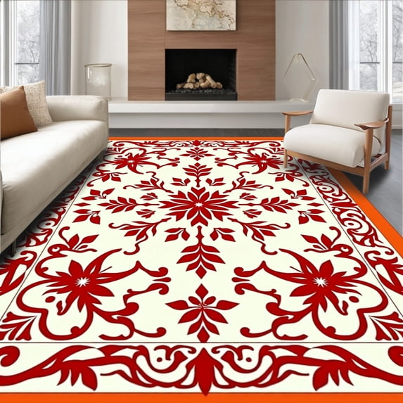ODIKA 4'x6' Machine Washable Non-Slip Area Rug, Verdant Scrollwork Arrangement with Flourishing Floral Medley Motifs High Traffic Rug, Orange, 663169
