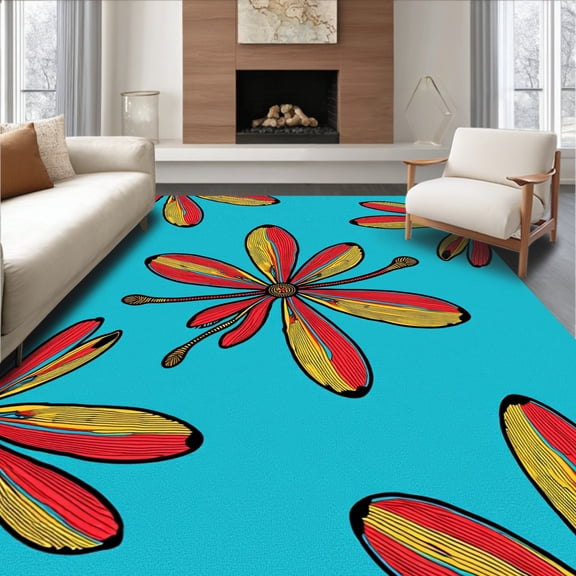 ODIKA 4x6 Machine Washable Non-Slip Area Rug, Vibrant Dragonfly Latch Hook Project Needlecraft DIY Tapestry Art High Traffic Rug, Blue, 620591