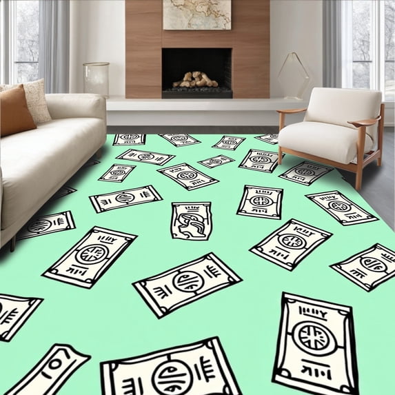 ODIKA 4'x6' Machine Washable Non-Slip Area Rug, Vibrant Finance Illustration Modern Stylish Decorative Floor Art High Traffic Rug with Pad, Green, 719700