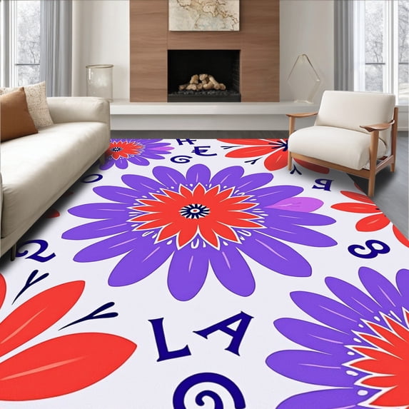ODIKA 4'x6' Machine Washable Non-Slip Area Rug, Vibrant Floral Alphabet Medallion With Decorative Petal Motifs High Traffic Rug with Pad, Purple, 686433