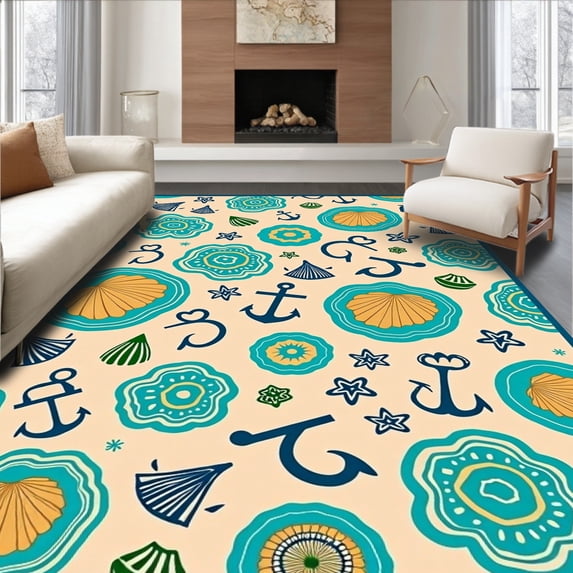 ODIKA 4'x6' Machine Washable Non-Slip Area Rug, Vibrant Nautical Motifs with Color Palette High Traffic Rug with Pad, Beige, 379004