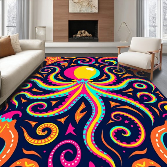 ODIKA 4x6 Machine Washable Non-Slip Area Rug, Vibrant Octopus Latch Hook Crafting Project Festive Needlework Art High Traffic Rug, Pink, 636246