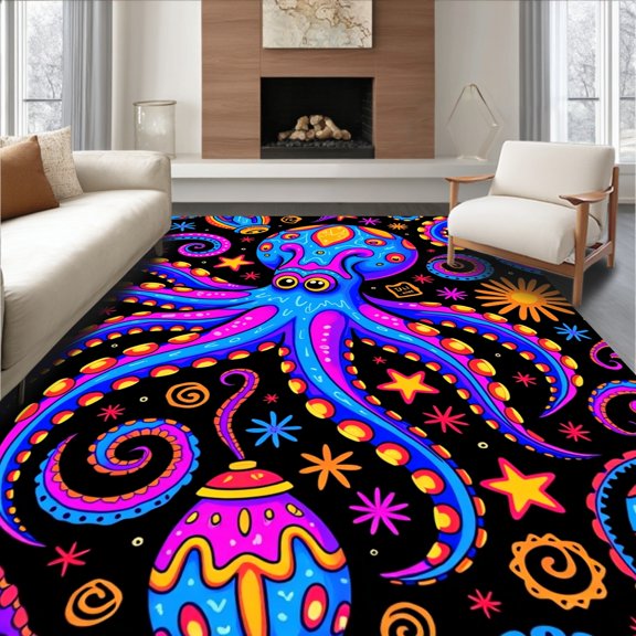 ODIKA 4x6 Machine Washable Non-Slip Area Rug, Vibrant Octopus Latch Hook Festive Cushion Needlework Project Kit High Traffic Rug, Blue, 745446