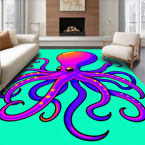 ODIKA 4x6 Machine Washable Non-Slip Area Rug, Vibrant Octopus Latch Hook Needlework Cushion DIY Project High Traffic Rug, Purple, 636228