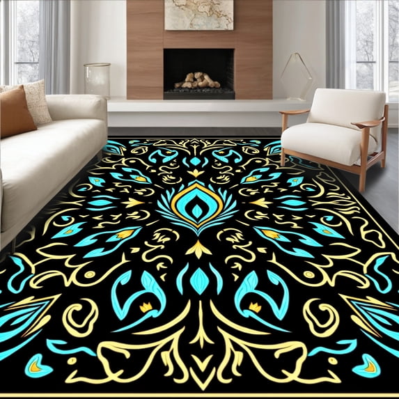 ODIKA 4'x6' Machine Washable Non-Slip Area Rug, Vibrant Peacock Feather Latch Hook Kit DIY Needlework Embroidery High Traffic Rug with Pad, Black, 643150