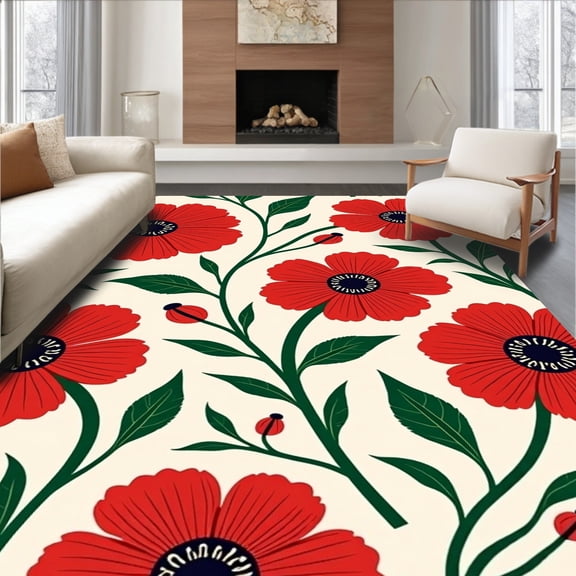 ODIKA 4x6 Machine Washable Non-Slip Area Rug, Vibrant Poppy Bloom Latch Hook Needlecraft Festive Kit High Traffic Rug, Ivory, 637829