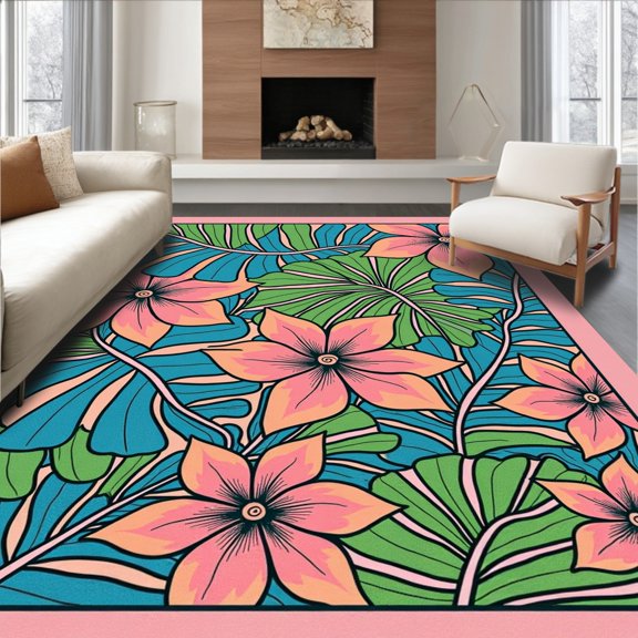 ODIKA 4x6 Machine Washable Non-Slip Area Rug, Vibrant Rainforest Canopy Frond Botanical Arrangement High Traffic Rug, Pink, 576594