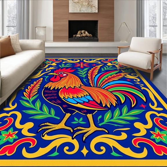 ODIKA 4'x6' Machine Washable Non-Slip Area Rug, Vibrant Rooster Needlework Project DIY Handicraft High Traffic Rug, Blue, 643091