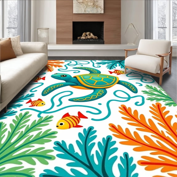 ODIKA 4x6 Machine Washable Non-Slip Area Rug, Vibrant Sea Reef Latch Hook Crochet Art Project High Traffic Rug, Blue, 640200