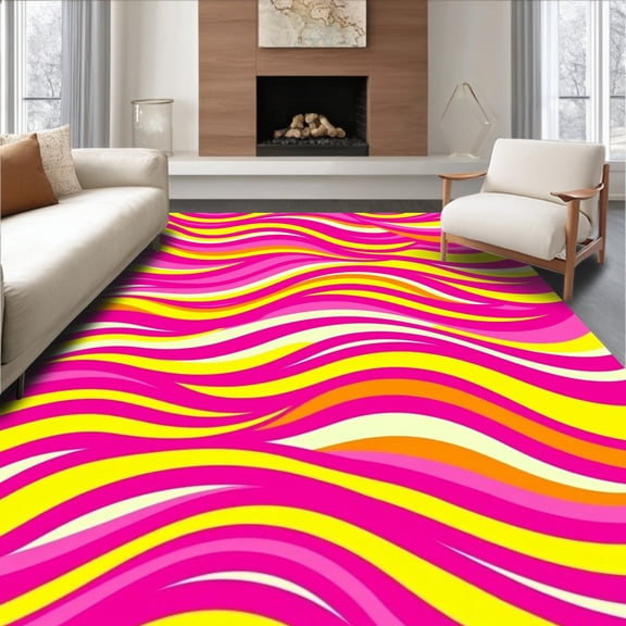 ODIKA 4'x6' Machine Washable Non-Slip Area Rug, Vibrant Sunrise Gradient Waves Radiant Plush High Traffic Rug, Pink, 556672