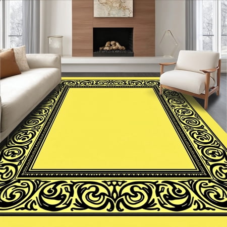 ODIKA 4'x6' Machine Washable Non-Slip Area Rug, Victorian Damask with Scrolling Vine Embellishments High Traffic Rug, Yellow, 588174