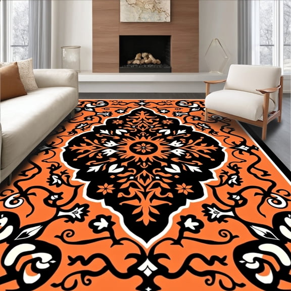 ODIKA 4'x6' Machine Washable Non-Slip Area Rug, Victorian Lattice with Floral Vines and Baroque Accents High Traffic Rug, Orange, 665220