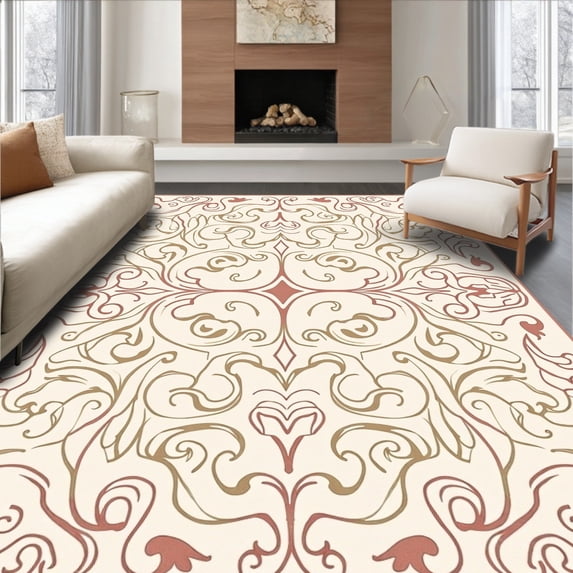 ODIKA 4'x6' Machine Washable Non-Slip Area Rug, Vine Scroll Slip Resistant Indoor High Traffic Rug with Pad, Ivory, 482786