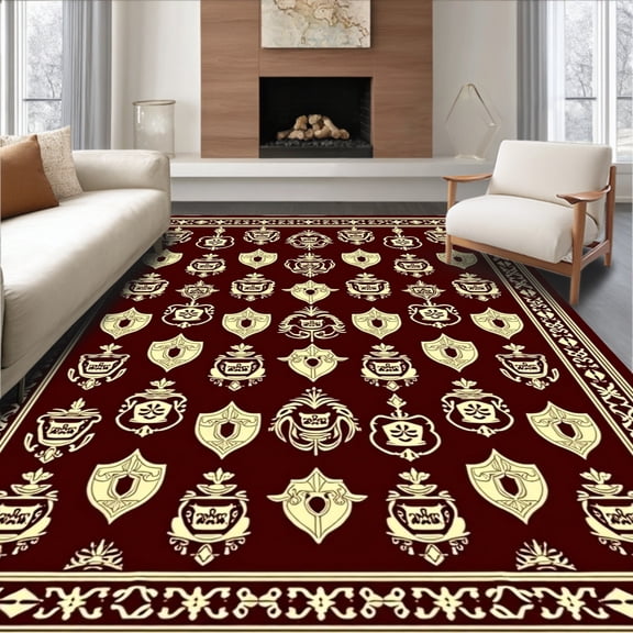 ODIKA 4'x6' Machine Washable Non-Slip Area Rug, Vintage Athletic Club Crest with Emblems High Traffic Rug, Brown, 669579