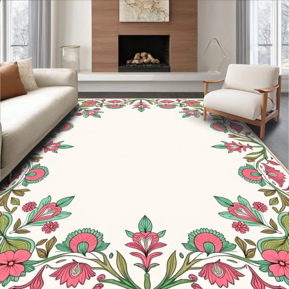 ODIKA 4'x6' Machine Washable Non-Slip Area Rug, Vintage Botanical Garden Medallion with Ornate Flourish Details High Traffic Rug, Beige, 452164