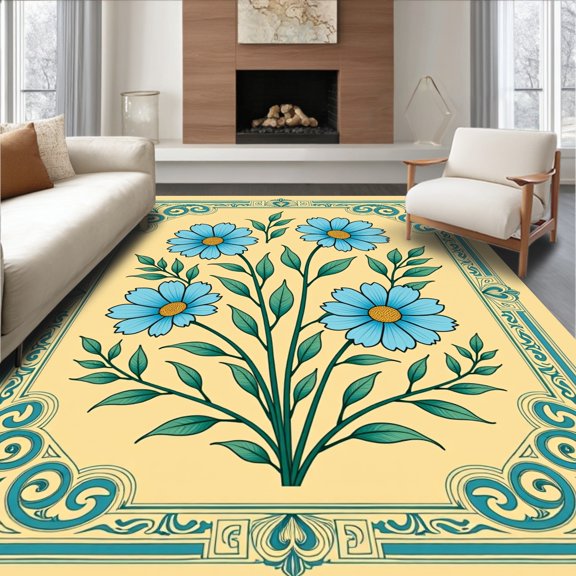 ODIKA 4'x6' Machine Washable Non-Slip Area Rug, Vintage Botanical Garden Motif With Decorative Scroll Embellishment High Traffic Rug, Yellow, 522443
