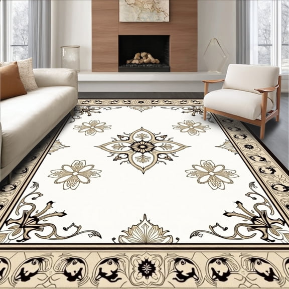 ODIKA 4'x6' Machine Washable Non-Slip Area Rug, Vintage Botanical Heirloom Inspired Medallion Heritage Design High Traffic Rug, White, 597424