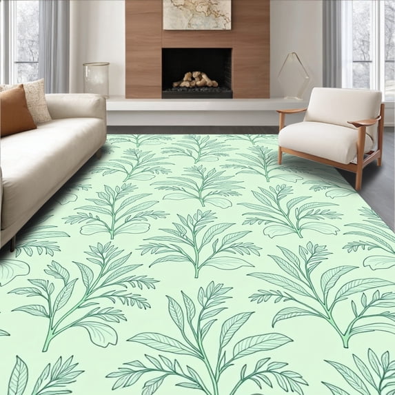 ODIKA 4'x6' Machine Washable Non-Slip Area Rug, Vintage Botanical Inspired Decorative High Traffic Rug with Pad, Green, 586980