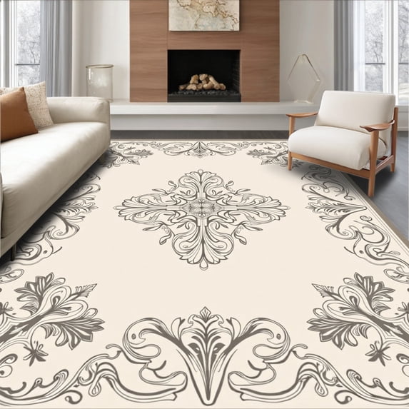 ODIKA 4'x6' Machine Washable Non-Slip Area Rug, Vintage Botanical Medallion Featuring Ornate Floral Motifs and Scrollwork High Traffic Rug, Ivory, 541698