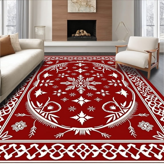 ODIKA 4'x6' Machine Washable Non-Slip Area Rug, Vintage Chalet Snow Crystal and Pinecone Motif High Traffic Rug, Red, 623177