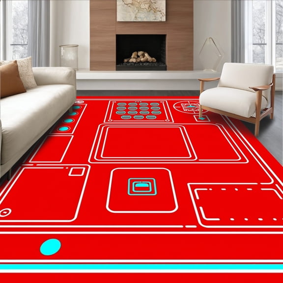 ODIKA 4'x6' Machine Washable Non-Slip Area Rug, Vintage Console Command Emerald Tech Futuristic Dashboard High Traffic Rug, Red, 583451