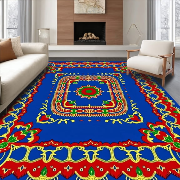 ODIKA 4'x6' Machine Washable Non-Slip Area Rug, Vintage Crochet Inspired Festive Interlocking Ornament Design High Traffic Rug, Blue, 646090
