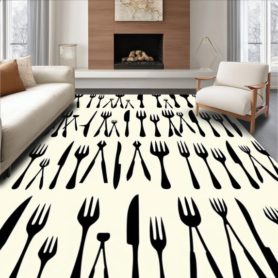 ODIKA 4'x6' Machine Washable Non-Slip Area Rug, Vintage Cutlery with Retro Design High Traffic Rug with Pad, Black, 734894