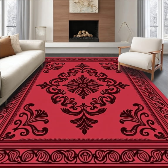 ODIKA 4'x6' Machine Washable Non-Slip Area Rug, Vintage Damask Entrance Barrier Trap High Traffic Rug with Pad, Red, 585185