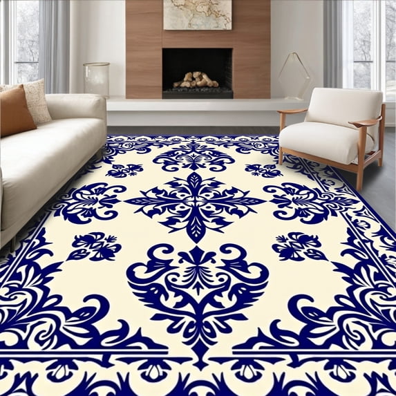 ODIKA 4'x6' Machine Washable Non-Slip Area Rug, Vintage Damask Floor Covering with Classic Baroque Scrollwork High Traffic Rug, Beige, 590437