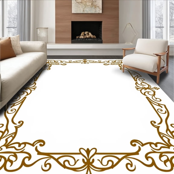 ODIKA 4'x6' Machine Washable Non-Slip Area Rug, Vintage Damask Flourish Ornamental Baroque Palace Style High Traffic Rug, Brown, 504427