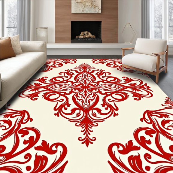 ODIKA 4'x6' Machine Washable Non-Slip Area Rug, Vintage Damask Flourish with Court Elegance High Traffic Rug, Red, 665750